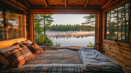 Poster -   A bed in a bedroom with a distant view of a body of water through a window