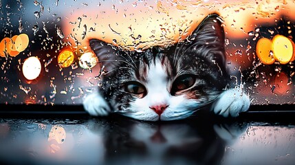 Canvas Print -   A black-and-white cat perched atop a window sill during a drizzly day, with its head resting against the glass