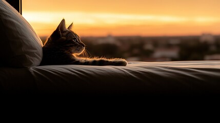 Wall Mural -   A cat sits on a bed, gazing outside at a city skyline with a sunset in the backdrop