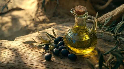 Olive oil with olives and branches