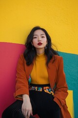 Wall Mural - A woman in a yellow sweater and black pants sits on a wall. She is wearing a red lipstick and has her hair pulled back