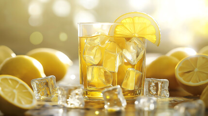 A glass lemon tea with lemon slice and ice cubes inside, surrounded by lemon slice and ice cubes