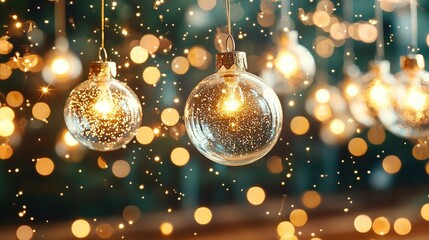 Poster -   Three ornate glass ornaments dangle on a string against a hazy golden and white backdrop of shimmering light circles