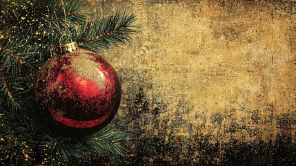 Wall Mural -   Red ornament on pine tree against brown-black background with gold flecks