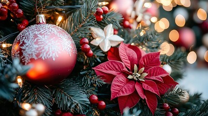 Sticker -   A red and white Poinsettia sits atop a Christmas tree beside a red and white ornament