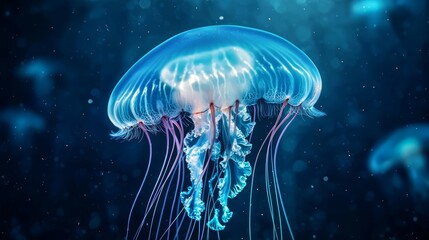 Glowing jellyfish in deep blue ocean, illuminating their surroundings, underwater glowtime, captivating and surreal marine life