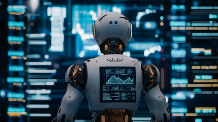 Back view of a robot standing in front of screen trading chart, Artificial intelligence robot working on digital display for innovation and futuristic