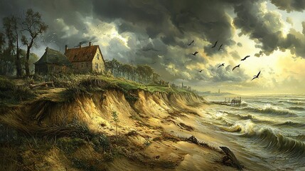 Wall Mural -   A house on cliff, by water, under cloudy sky