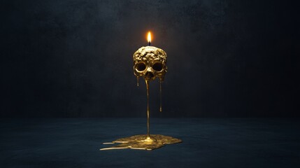 A golden skull candle melting on a dark surface, creating a dramatic and eerie atmosphere.