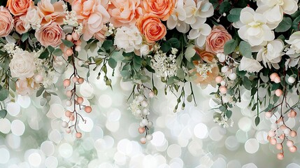 Wall Mural -   A clear photo of a cluster of flowers dangling from a ceiling, with soft blurry lights surrounding it