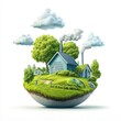 © Blue Ha Waii - AI - A conceptual illustration of a balanced environment featuring nature, houses, and industrial elements on a floating island.
