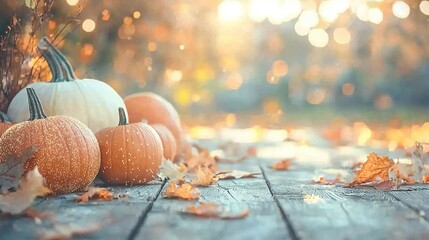 Sticker -   A cluster of pumpkins placed atop a wooden surface alongside a heap of fallen foliage and a nearby arbor