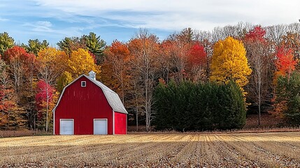 Sticker -   Red barn in field surrounded by yellow, red, orange tree leaves