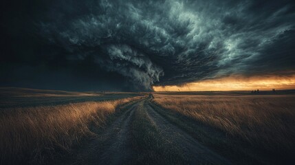 Wall Mural -  A storm approaching a dirt road amidst a wheat field