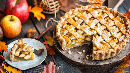 Canvas Print -   A pie atop wooden table, beside plate with apple pie