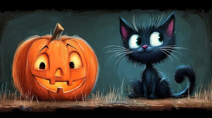   A black cat sits by a Jack-o'-lantern and a pumpkin