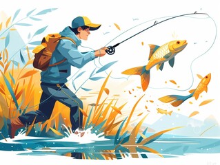 A man in professional gear uses a rod to dynamically catch a fish, a 