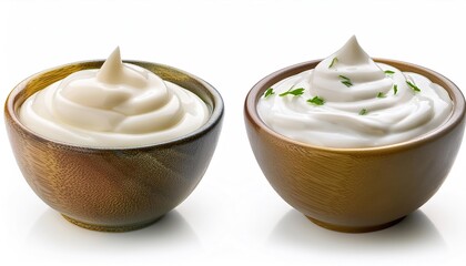 two bowls with white mayonnaise dip, 