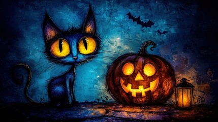   A painting of a cat sitting next to two jack-o'-lanterns