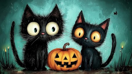   Two black cats beside a jack-o-lantern and a jack-o'-lantern pumpkin in a painting