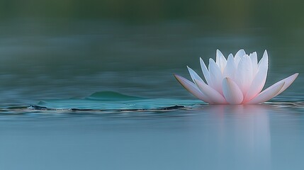 Poster -  A pink blossom drifts above a tranquil pond, surrounded by emerald foliage