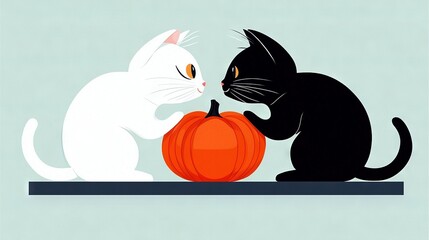 Canvas Print -   A pair of cats perched atop a table beside one another, gazing intently at the pumpkin before them