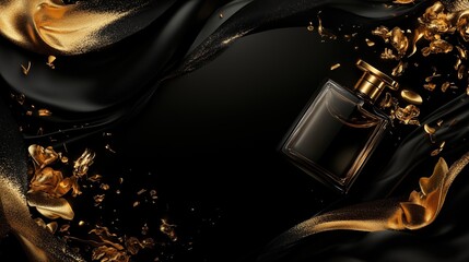 Wall Mural - A luxury woman’s bottle of perfume in gold color on black background.