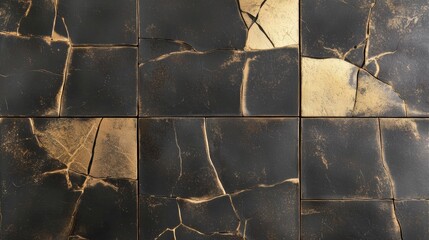 Wall Mural - Tiles with a cracked, abstract pattern in metallic tones, giving a distressed yet luxurious appearance