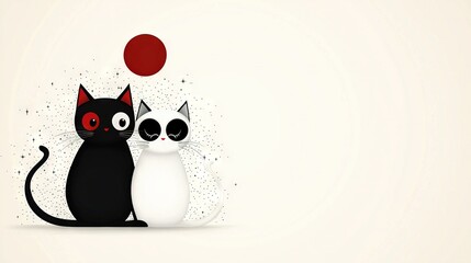 Wall Mural -   Black & White Cat + Red-Eyed White Cat on Light Background