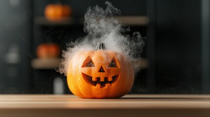   A pumpkin with smoke emitting from its mouth and a jack-o'-lantern in the backdrop is an eerie yet captivating image The subtle play of light on