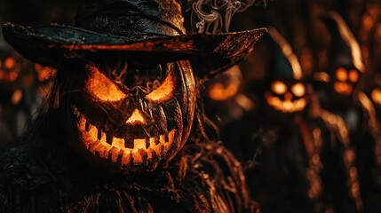 Wall Mural -   A cluster of Halloween pumpkins, wearing a witch's hat and long hair, illuminated under the moonlight