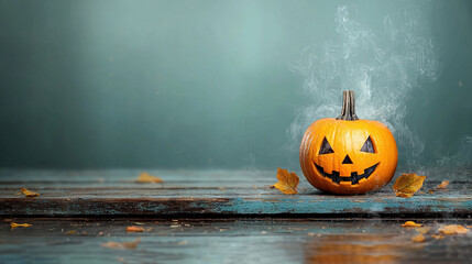 Wall Mural -   A pumpkin carved on wood, emitting smoke from its mouth and eyes