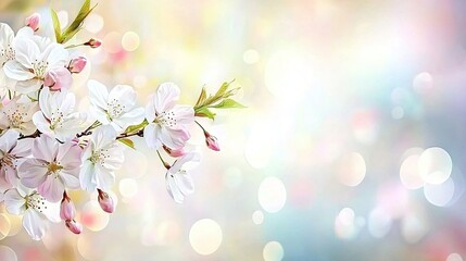 Wall Mural -   A detailed photo of several blooms on a limb with a vase of illumination nearby