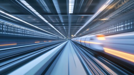 A dynamic view of a high-speed train racing through a futuristic tunnel, showcasing motion and advanced technology.