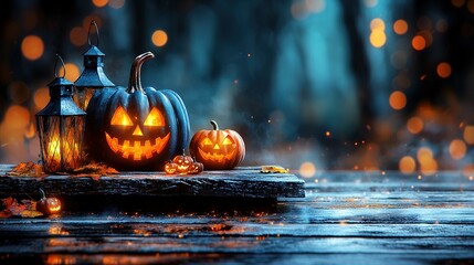 Wall Mural -   Two jack-o'-lantern pumpkins rest atop a wooden table amidst a forest bathed in lights