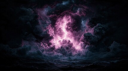 Wall Mural -   A painting depicts purple clouds over a water body with a boat in the foreground and a dark sky in the background