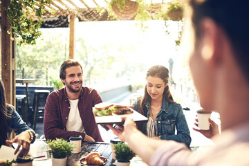 Poster - Group of people, table and food at team building, meeting and together for gathering at cafe. Colleagues, celebration and party for break as staff, worker or employee at event in restaurant or bistro