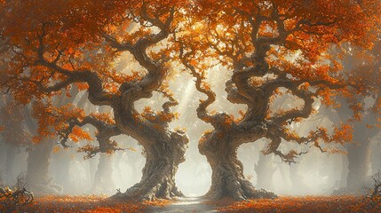  Two trees in a forest with leaf-strewn ground and a path leading to them