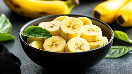 Wall Mural -   Black bowl filled with sliced bananas on table with green leaves in background