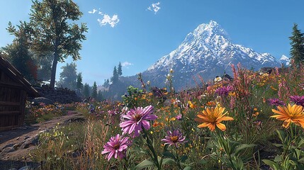 Sticker -   a mountain with flowers in the foreground, a cabin in the background, and a snow-capped mountain in the backdrop