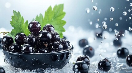 Poster -   Close-up of a blackberry bowl, with water droplets and a green leaf