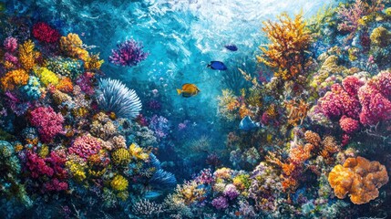 Wall Mural - Vibrant Coral Reef with Colorful Fish and Underwater Sunlight