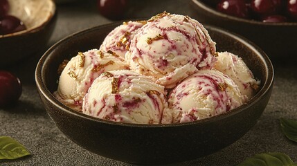   A close-up of an ice cream bowl with cherries in the background and a cherry bowl in the foreground