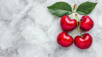   Four cherries on a marble surface with a green leaf atop one cherry and another at the tip of the cherries