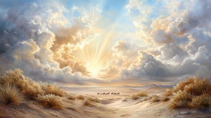 Sticker -   A stunning depiction of a sunny desert landscape, featuring rolling sand dunes and a cloudy sky illuminated by golden rays