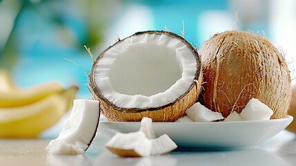 Wall Mural -   A close-up shot of a platter featuring coconut halves and bananas placed on a table