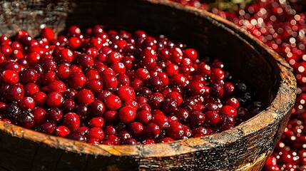 Sticker -   A pile of cranberries sits atop a larger pile, with a bucket brimming with cranberries nearby