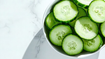 Poster -   A white bowl full of sliced cucumbers on a marble countertop, adjacent to another marble countertop