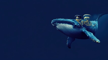 A whimsical scene featuring a whale with two officers, blending fantasy and marine life in a vibrant ocean setting.