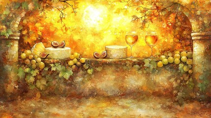 Poster -   A canvas depicting grapes, cheese, wine glasses, and a wine bottle against a yellow backdrop